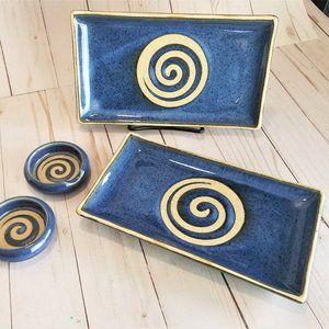 Miya Sushi For Two Plates and Sauce Dip Bowls Blue